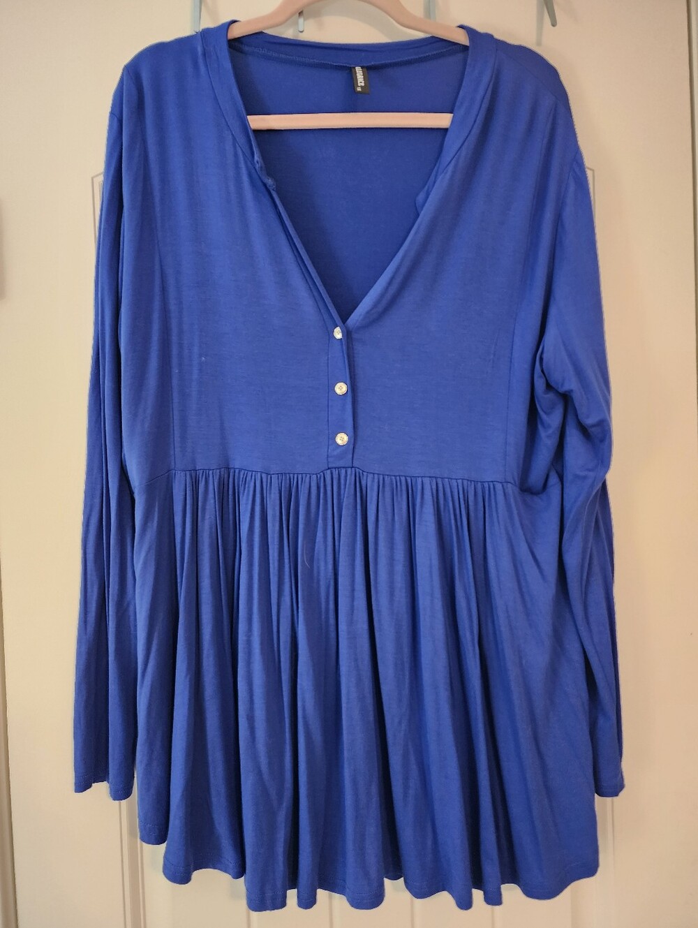 Allegrace Royal Blue Long-Sleeve Pleated V-Neck Women's Top 1X Babydoll Stretchy